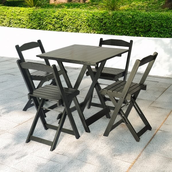 Mesa Dobrável 70x70 Tampo Madeira 4 Cadeiras Dobrável Retrátil Preto
