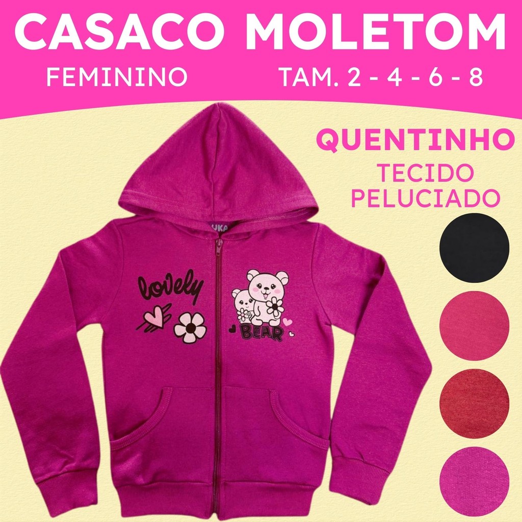 Casaco Moletom Peluciado Infantil Menina com Ziper, Capuz e Bolso 3131-A