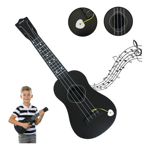 Mini Violao Infantil 57cm Preto Ukulele Palheta Cordas Aço