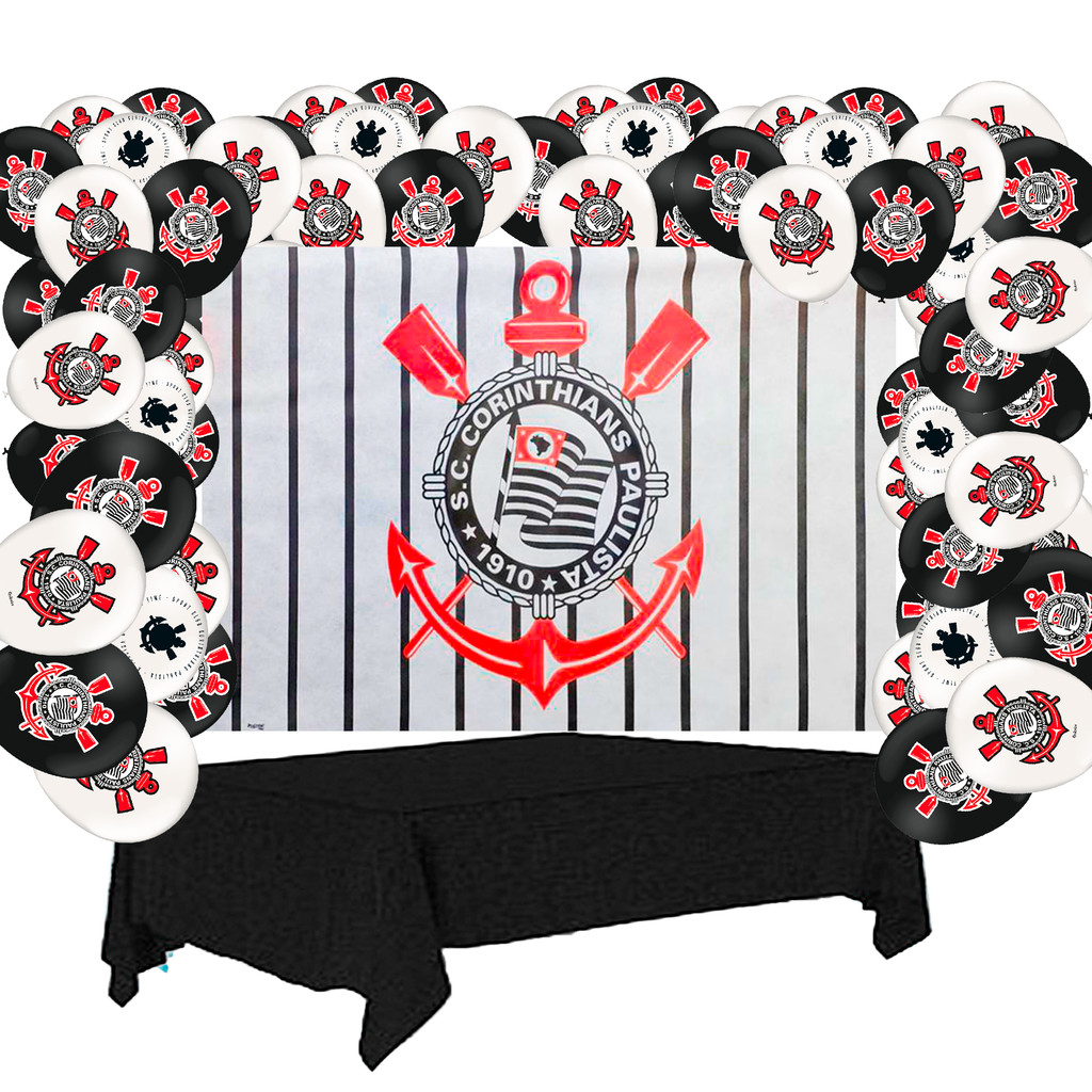 Kit Festa Corinthians Decoração Toalha Preta+ Baloes+ painel TNT GG em Oferta na Shopee