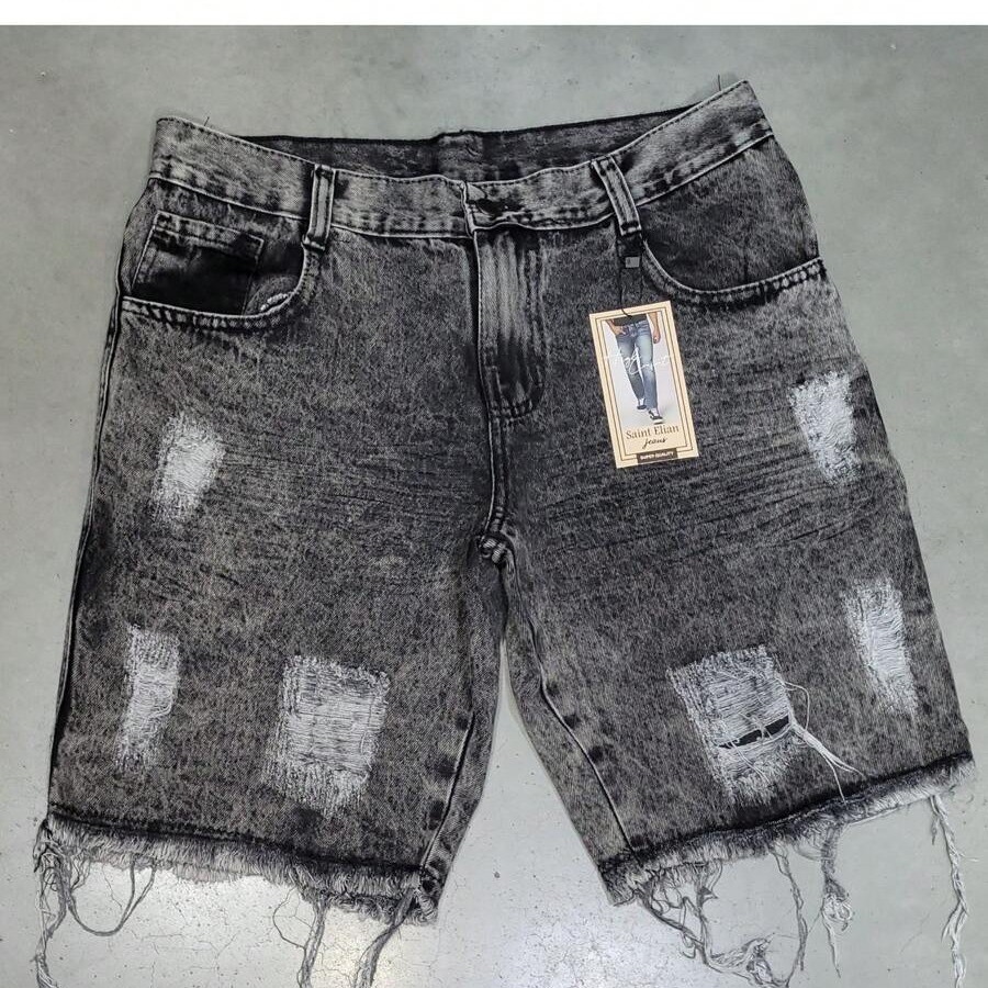 bermuda jeans cinza escuro rasgados sem stretch em Oferta na Shopee