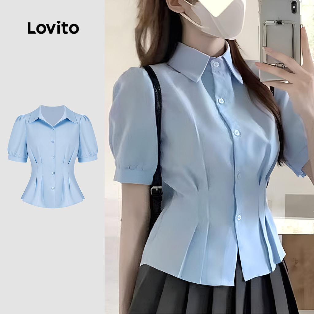 Lovito Blusa Casual lisa plissada para mulheres L131ED1133 - Women Clothes