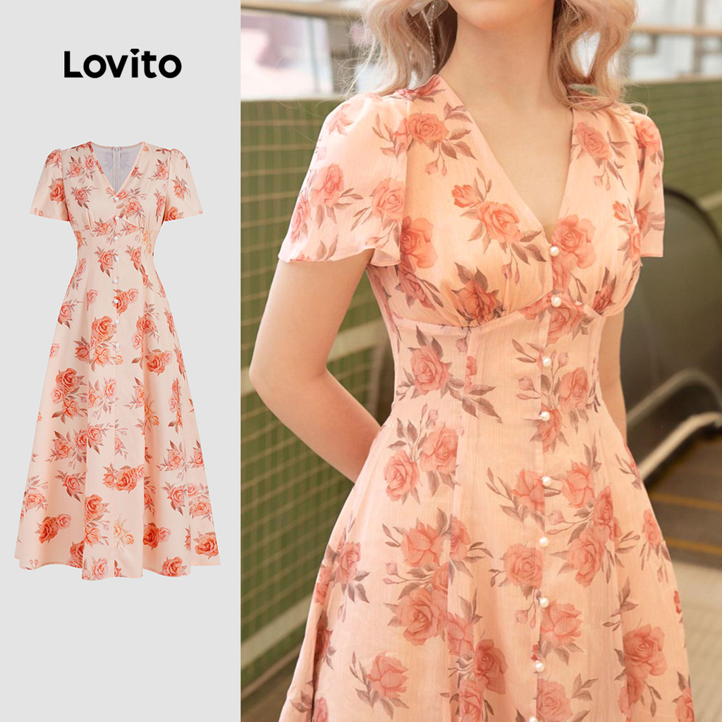 Lovito Vestido Casual com estrutura Floral e botão frontal para mulheres L131LD1193 - Women Clothes