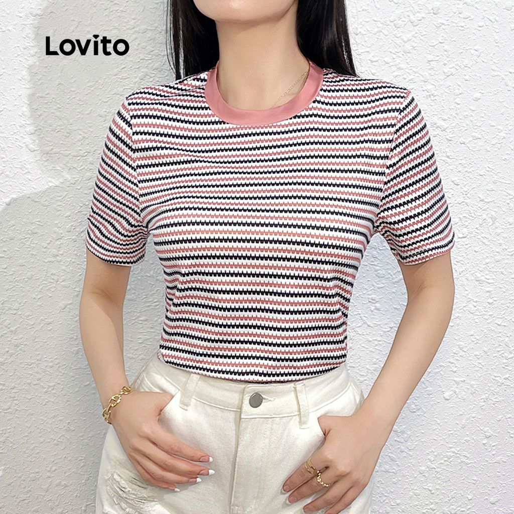 Detalhes do Lovito Camiseta feminina Casual com listras arco-íris e gola contrastante L132ED543