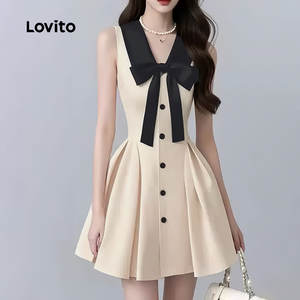 (Trendy) Lovito Elegante Liso Colarinho Retro Verão Primavera Vestido Multicolorido Para Mulheres L132ED516 - Women Clothes