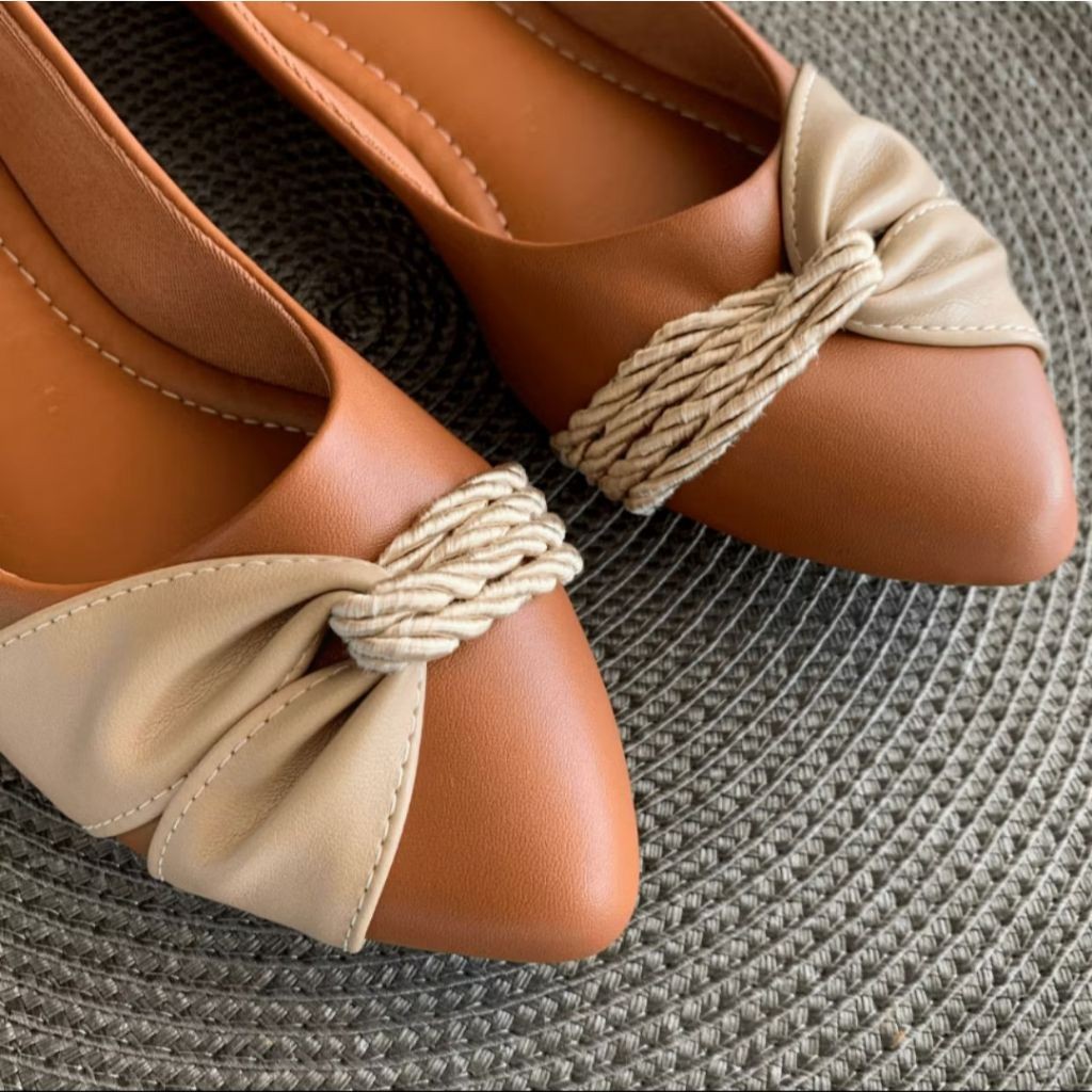 Sapatilha Feminina Confortável Bico Fino Sapatilha Terracota Cordão Trançado Elegante
