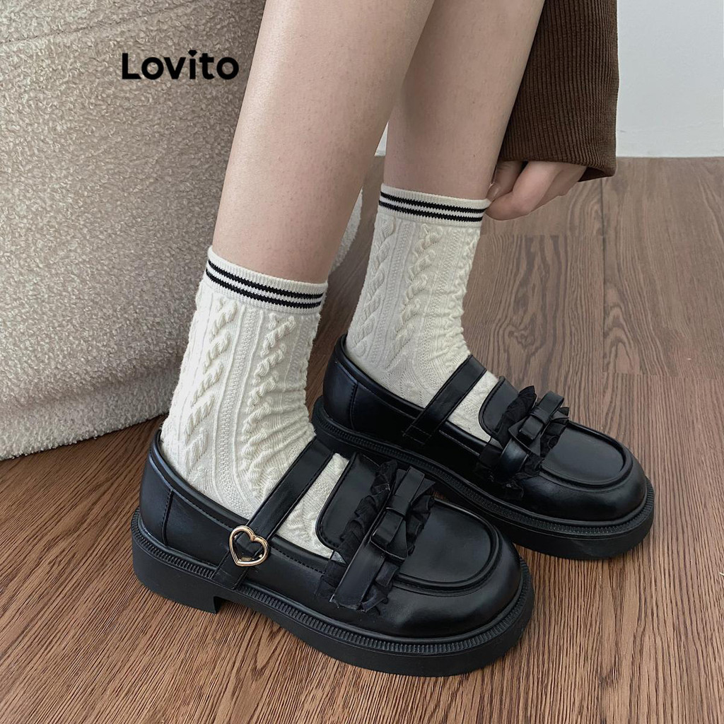 Lovito Fofo Sapato Feminino Liso com Coração e Laço LFA20375 - Women Shoes