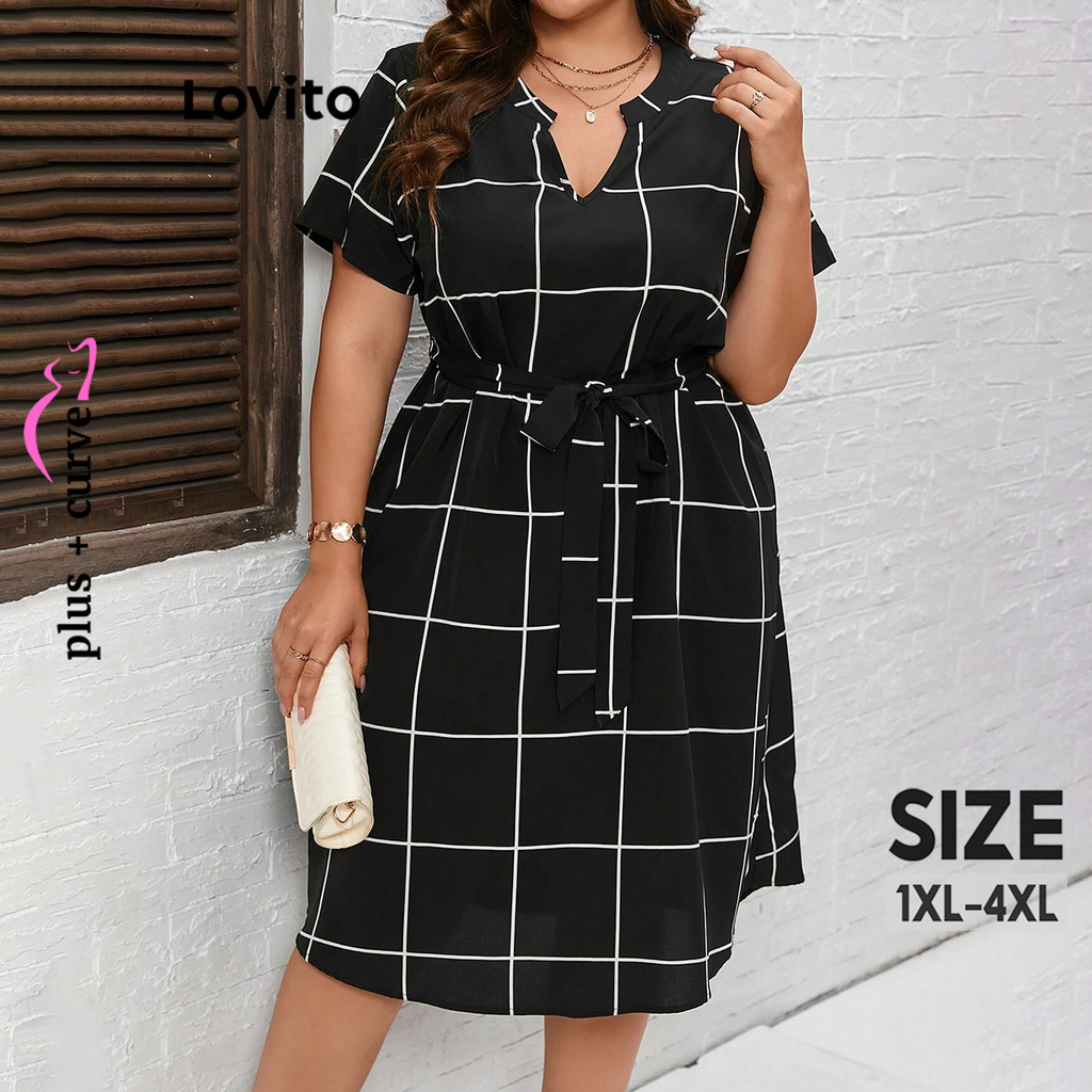 Lovito Vestido Curvo Plus Size Elegante Xadrez Com Cadarço E Cinto Para Mulheres LBL17317 - Women Clothes