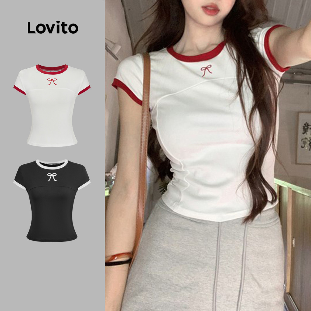 Lovito Camiseta Casual Simples Contraste Encadernação Tecido Costura Padrão Camiseta Para Mulheres L100MD129 em Oferta na Shopee