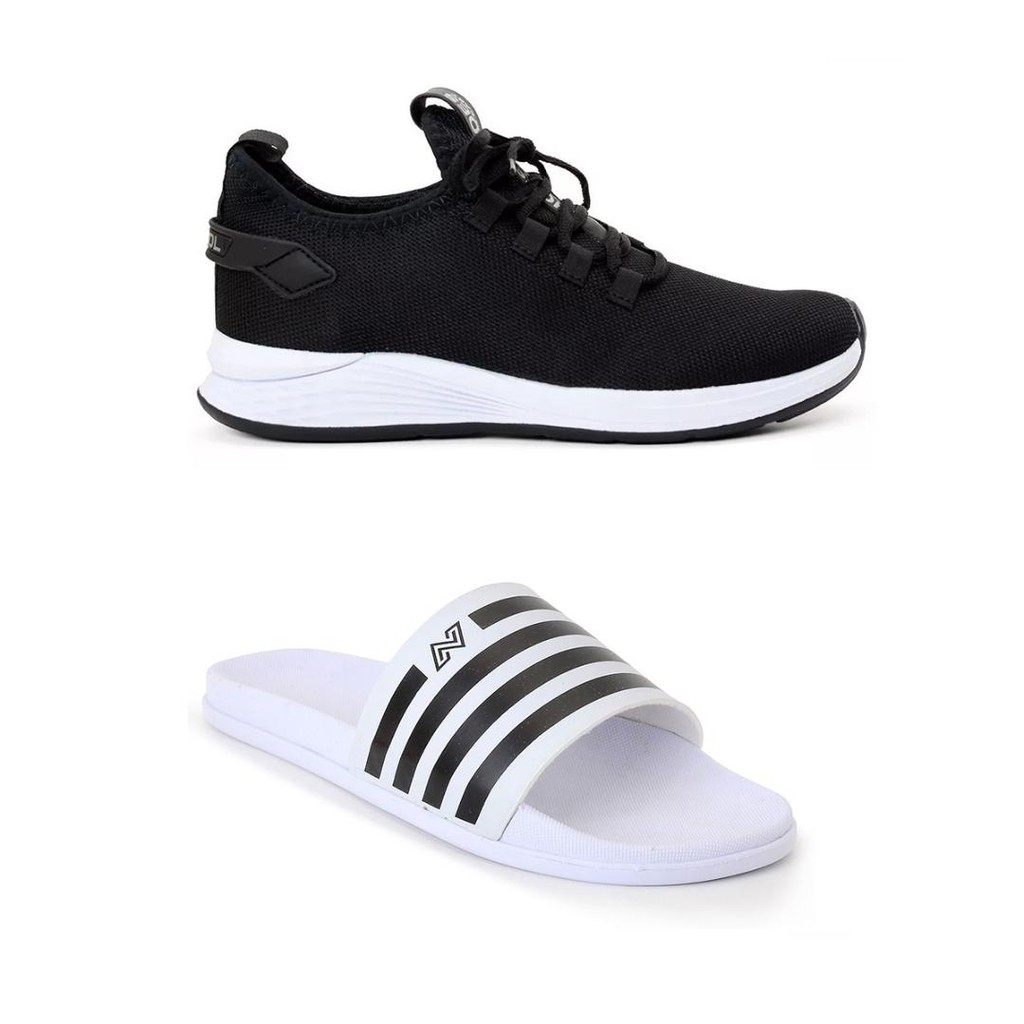 Kit Tênis Preto Esportivo Casual Chinelo Sandália Slide Unissex