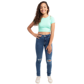 Calça Jeans Com Lycra Justa Menina Infantil Juvenil Estica Com Rasgo Lavagem Clara 8 ao 16 em Oferta na Shopee
