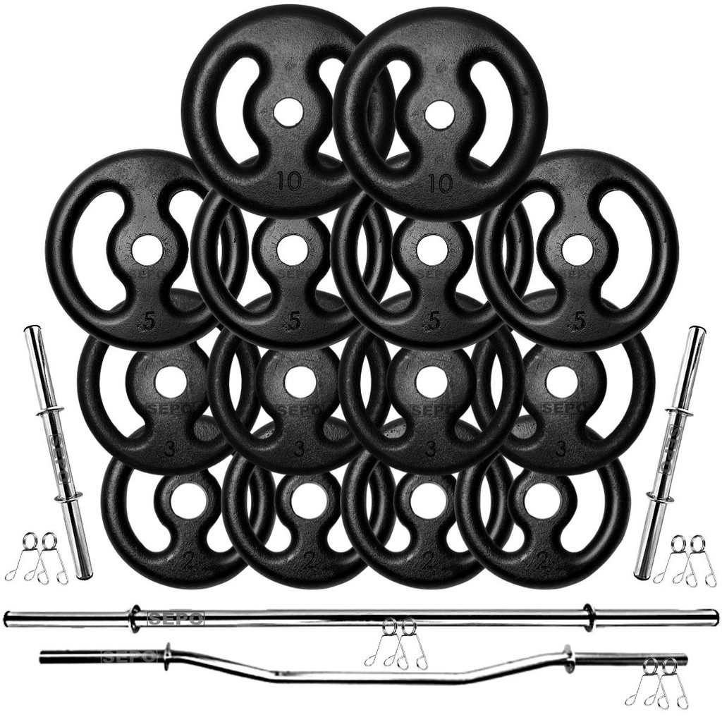 Kit Anilhas Ferro 60kg + 2 Barras 40cm + Barra 150 + Barra W