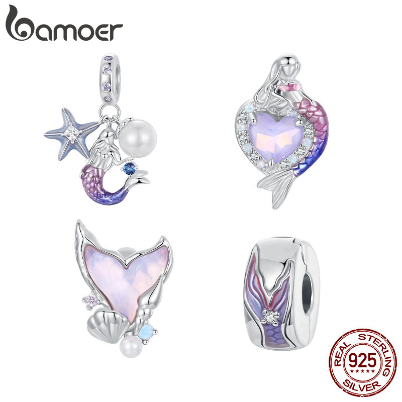 Bamoer 925 Sterling Sliver Charme Sereia Púrpura Pingente Para Pulseira Presentes Mãe