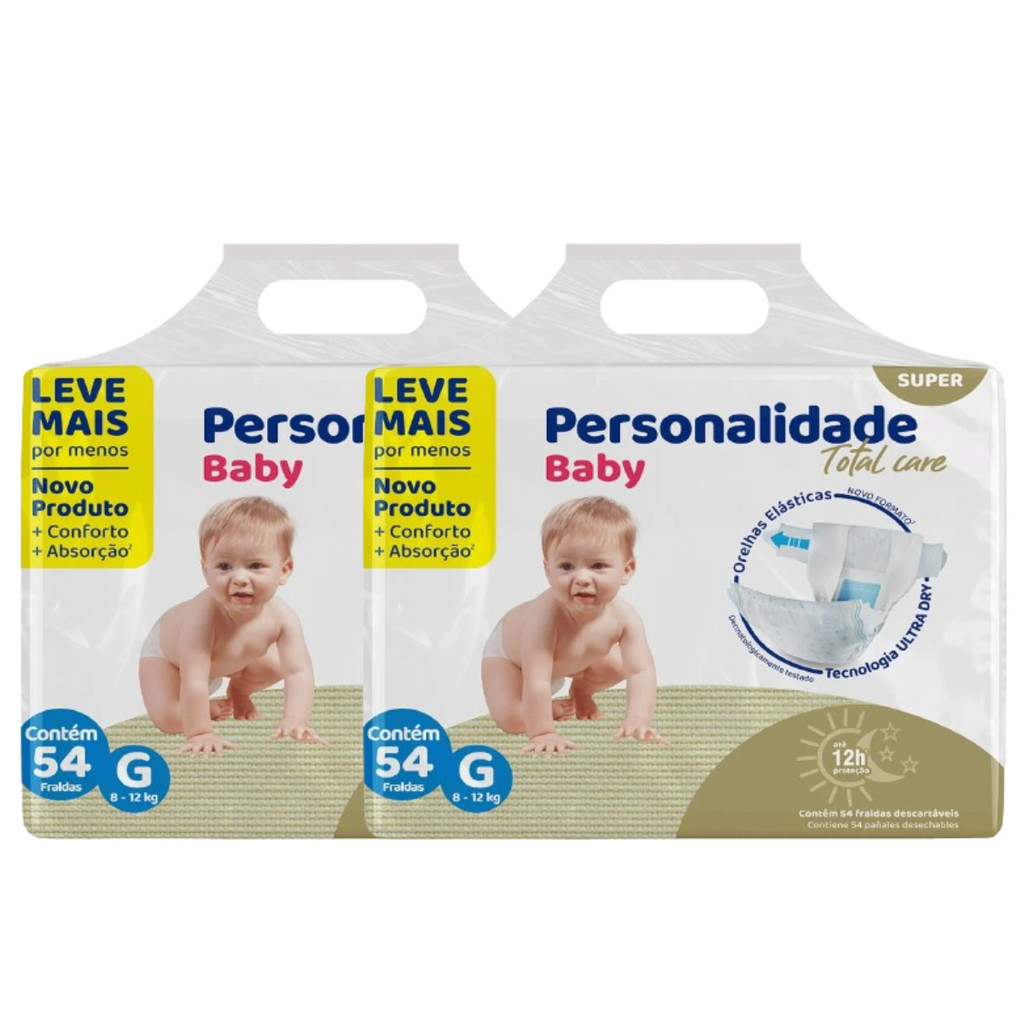 Kit 2 Fralda Descartável Infantil Personalidade Baby Total Care Bag - Tamanho G Total 108 Unidades