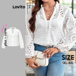 Lovito Blusa feminina com costura em tecido bordado com ilhós floral elegante e curva plus size LBL20361 em Oferta na Shopee