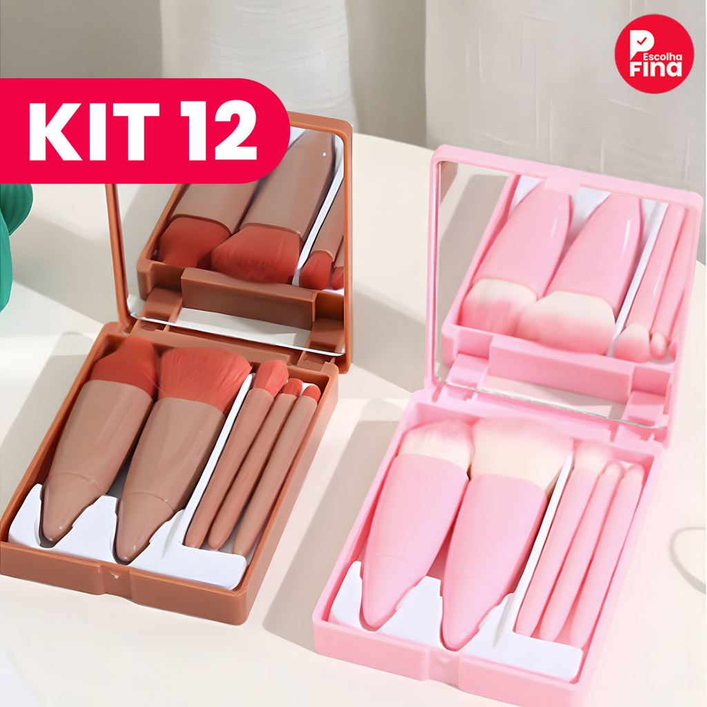 KIT 12 unidades Mini Espelho De Maquiagem Portátil Com 5 Pcs Pincéis Lupa De Maquiagem Mão Segurar Bolso Dobrável