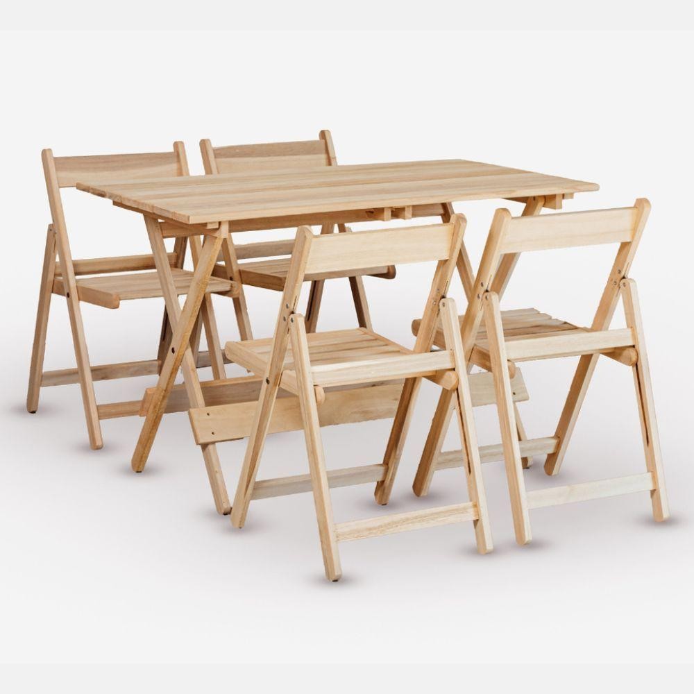 Conjunto De Mesa 120x70 E 04 Cadeiras Dobrável Eucalipto Sem Pintura - Home & Living