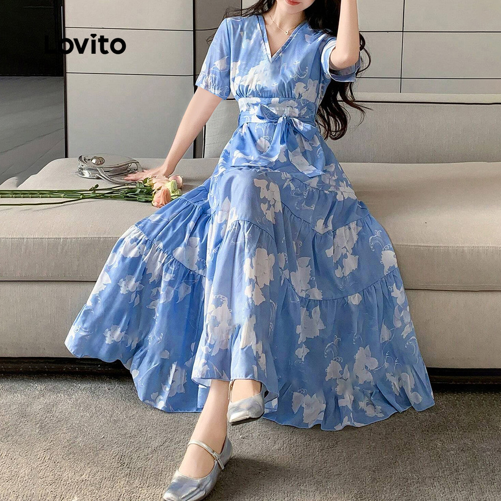 Detalhes do (Trendy) Lovito Vestido Casual Floral em camadas com cinto para mulheres LBL24052