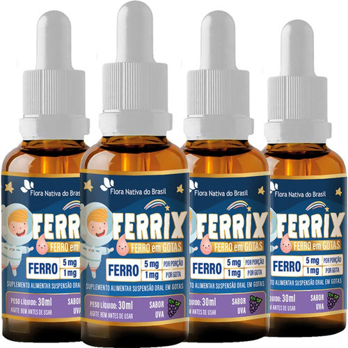 Ferro Em Gotas Ferrix Kids 4 X 30ml Flora Nativa Sabor Uva