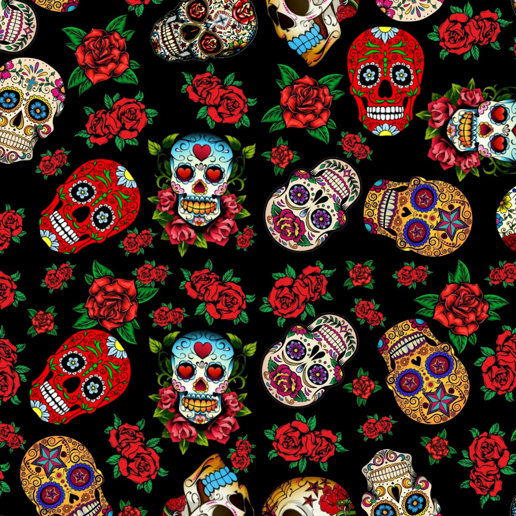 Tecido Microfibra TACTEL -Caveira Mexicana 2 Dia de los Muertos Rosas Dia dos Mortos Sugar Skull
