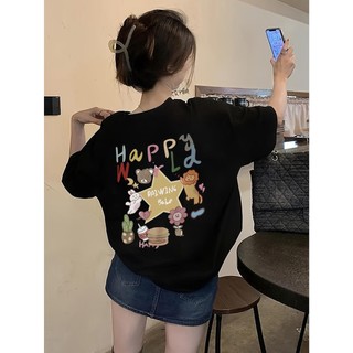 Desenhos animados casuais verão feminino xingx impresso solto camiseta-preto reben xingx com texto <Happy World}, topo d