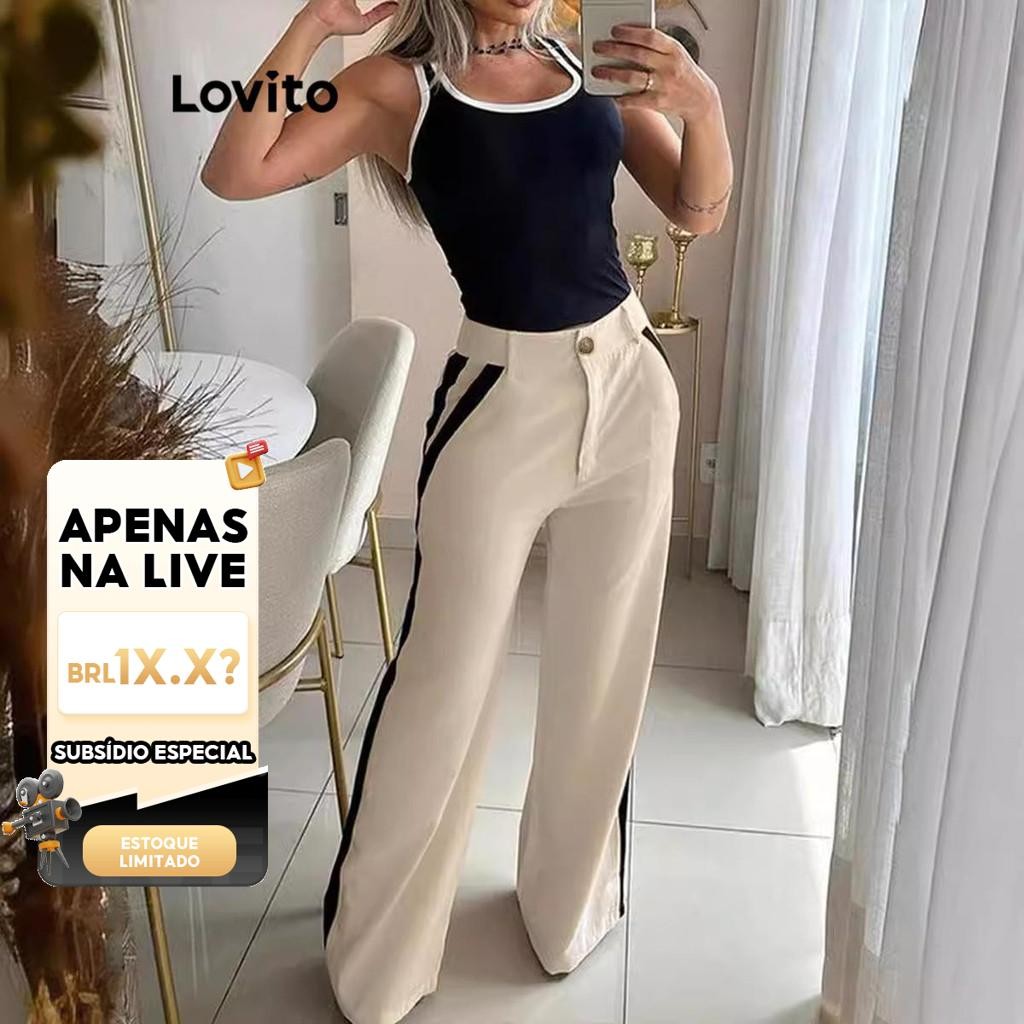 Live Hosts' pick Conjuntos elegantes de calças com encadernação em contraste simples para mulheres LNL67157 em Oferta na Shopee