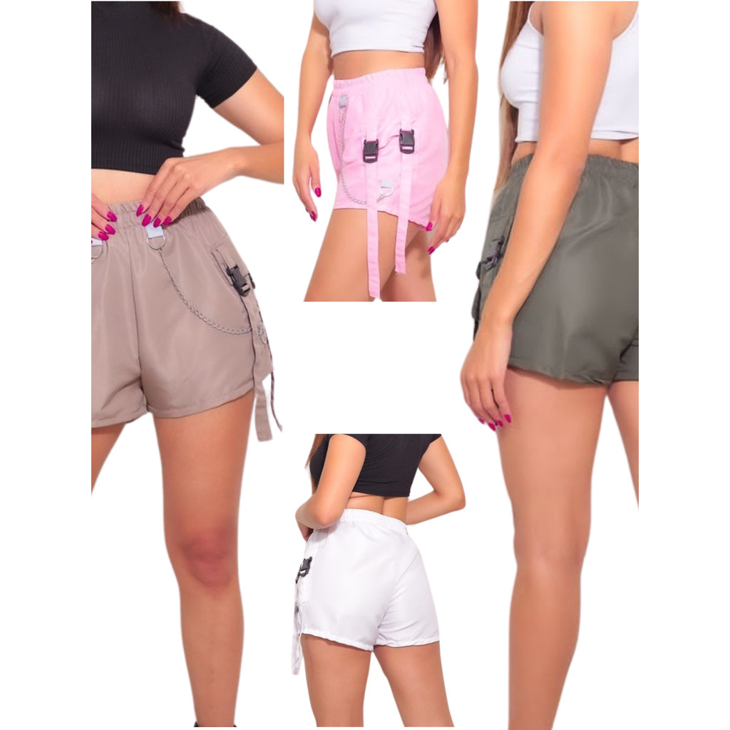 SHORT TÁCTEL COM CORRENTES E TIRAS - short táctel, moda praia 2025, detalhes corrente