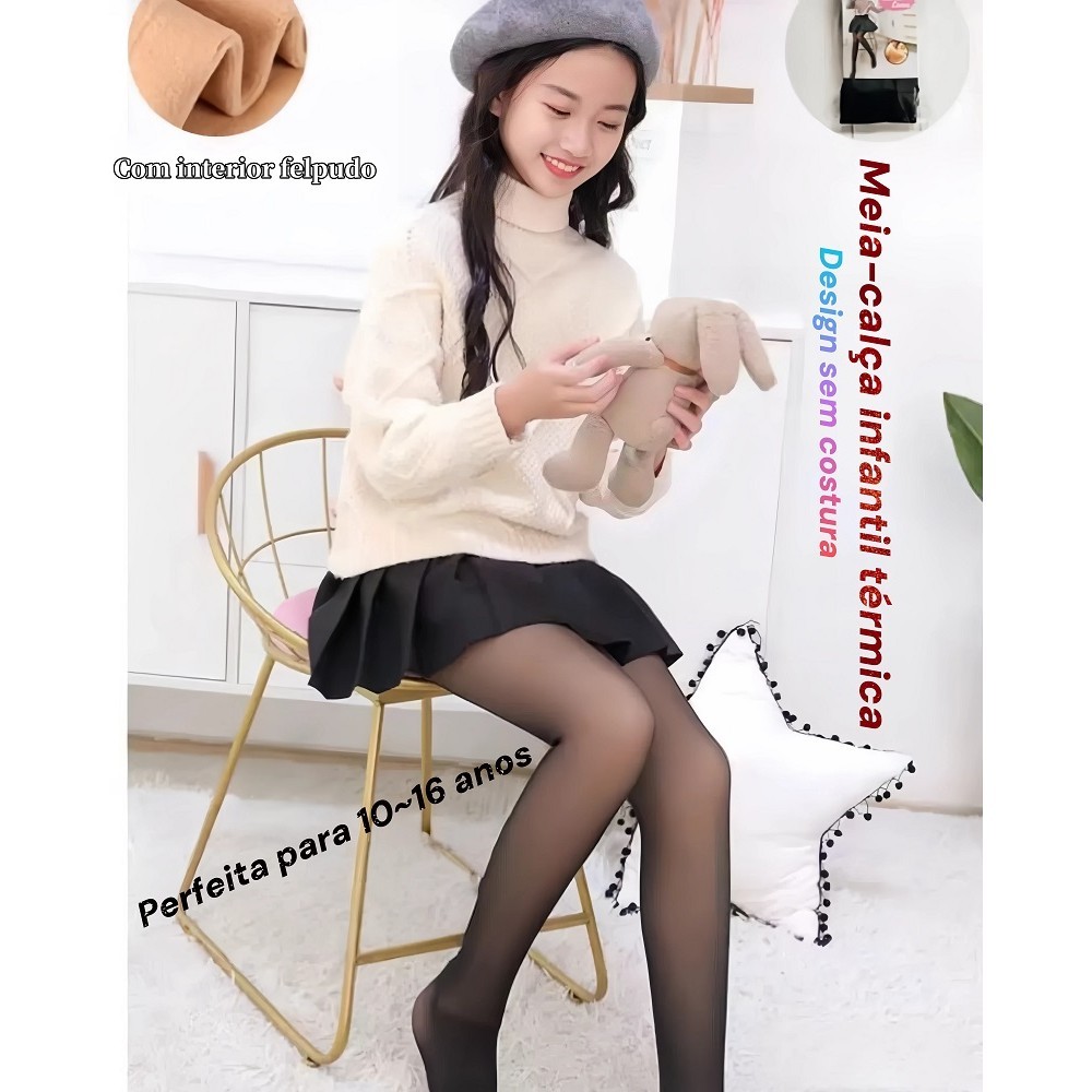 Meia-Calça Preta Forrada Menina 10 a 16 Anos – Quente e Confortável para o Inverno