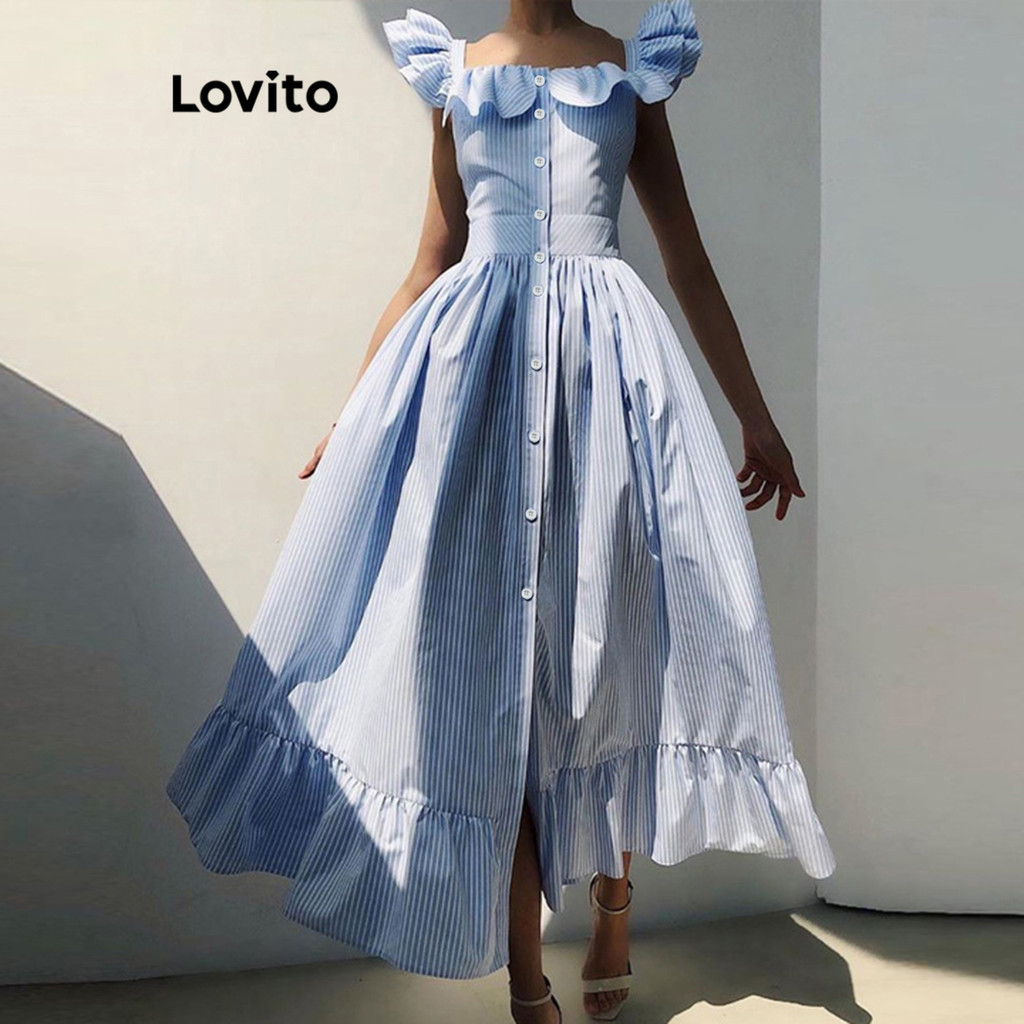 Lovito Vestido Elegante Listrado Com Babados E Botão Frontal Para Mulheres LNL40096 - Women Clothes
