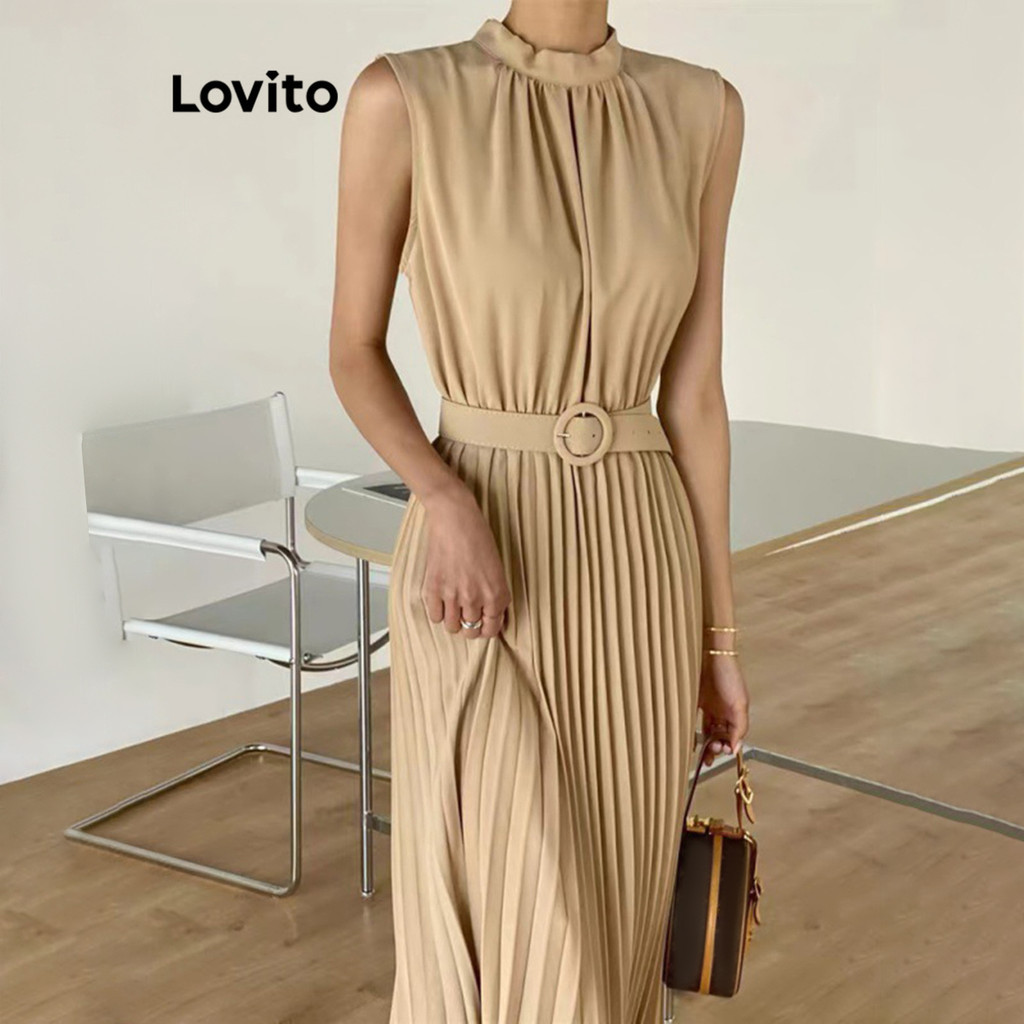 Lovito Vestido Elegante Vestido Plissado Liso Para Mulheres LNM69178 - Women Clothes