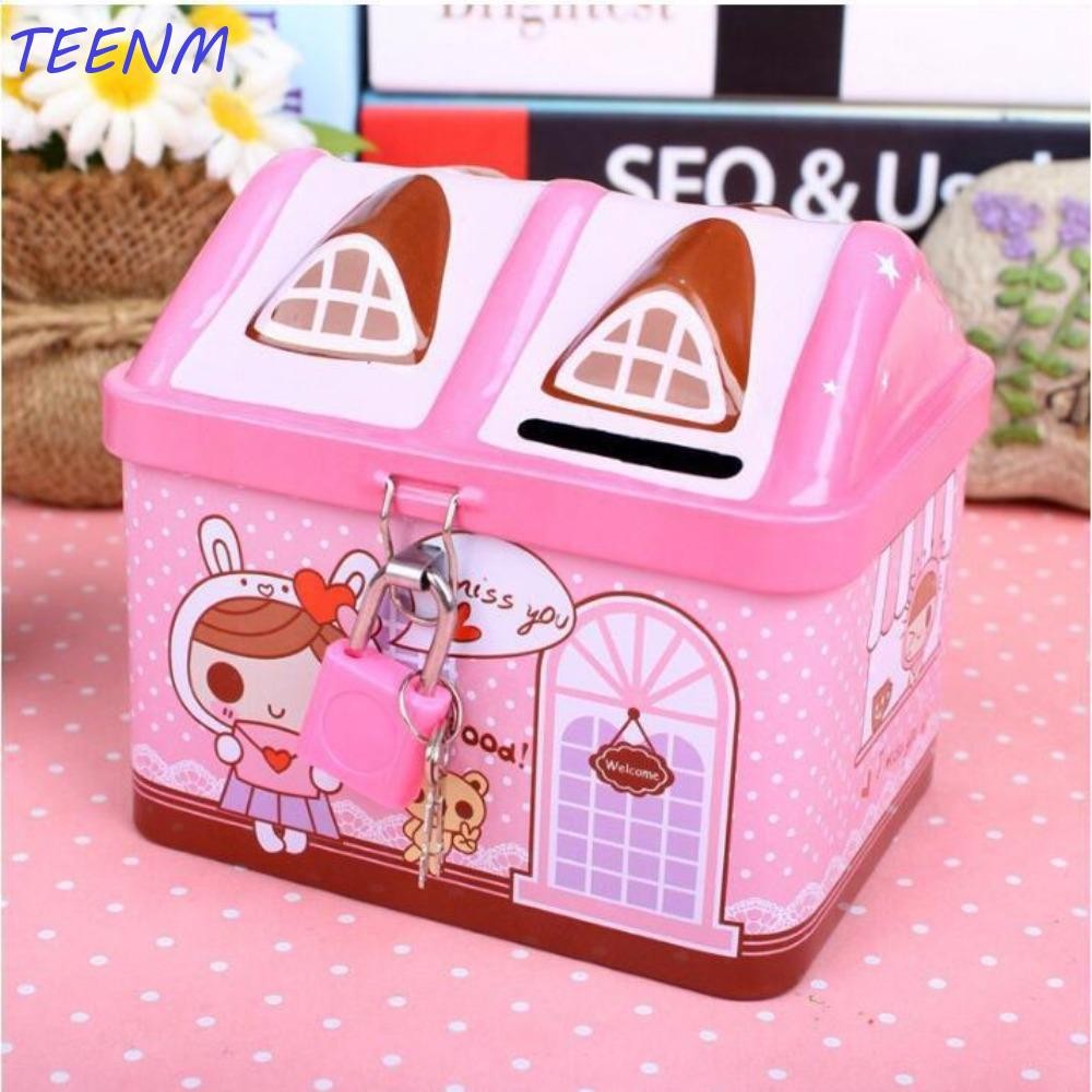 TEENM Cofrinho Em Formato De Casa , Caixa De Moedas Criativa De Metal , Fofa Com Fechadura Chave Armazenamento Segura Pa