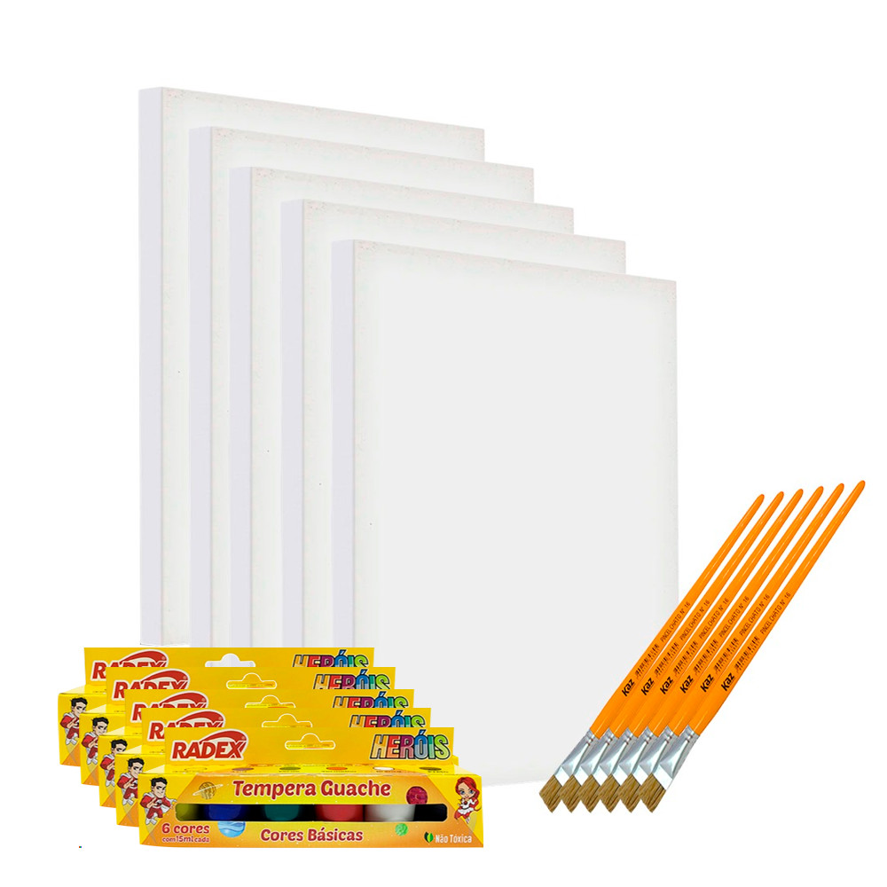 Kit Com 05 Telas Para Pintura 20x30cm + 5x 12 Tintas e 5x Pincel - Uso Profissional e Artístico