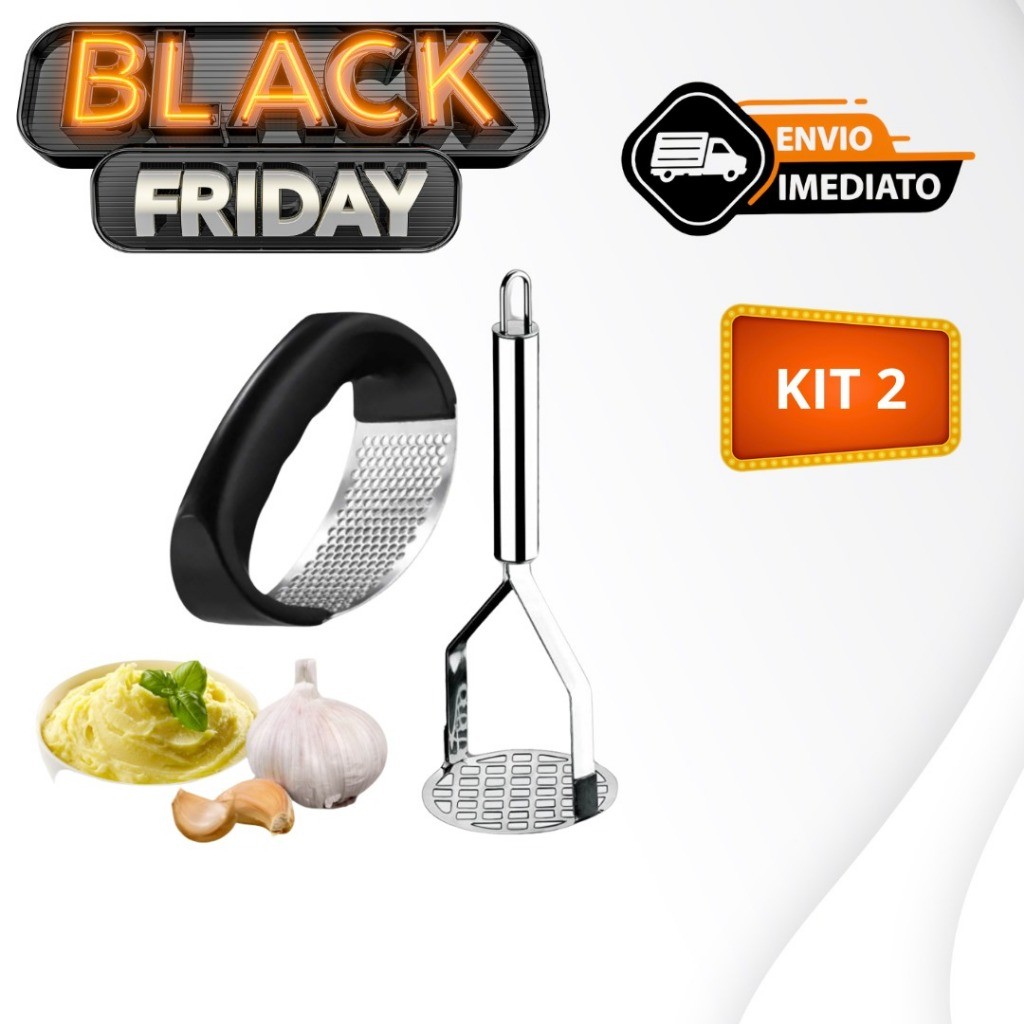 OFERTA Kit Cozinha Amassador de Batatas Legumes e Espremedor de Alho em Aço Inox