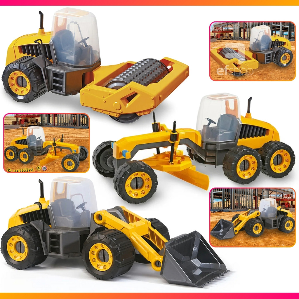 Kit 3 Máquinas Trator Carregadeira Niveladora Rolo Compressor Gigantes 50cm Brinquedo Menino