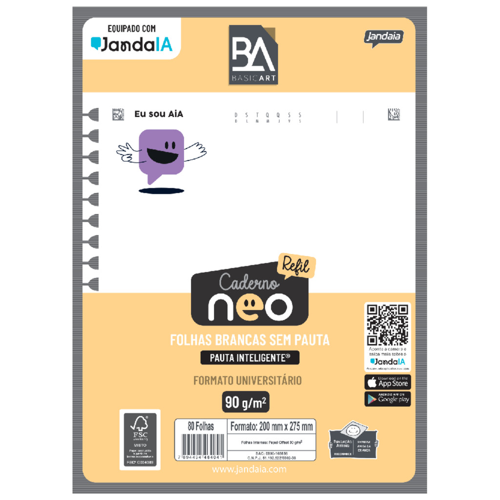 Refil Caderno Neo Com IA Universitário Sem Pauta 80 Folhas 20x27cm JandaIA - Stationery