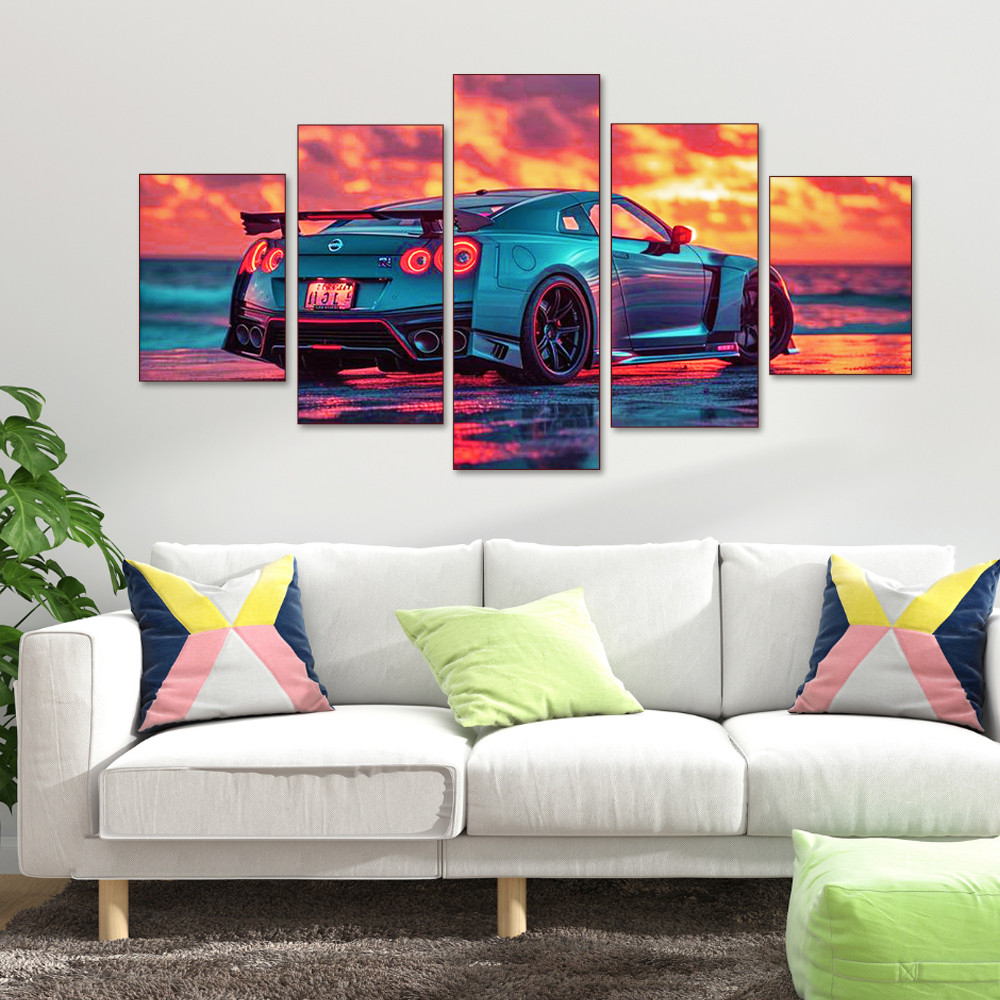 QUADRO DECORATIVO KIT 5 PEÇAS CARRO JOGO GTA PAISAGEM POR DO SOL DECORAÇÃO 4K FULL HD PLACA MDF
