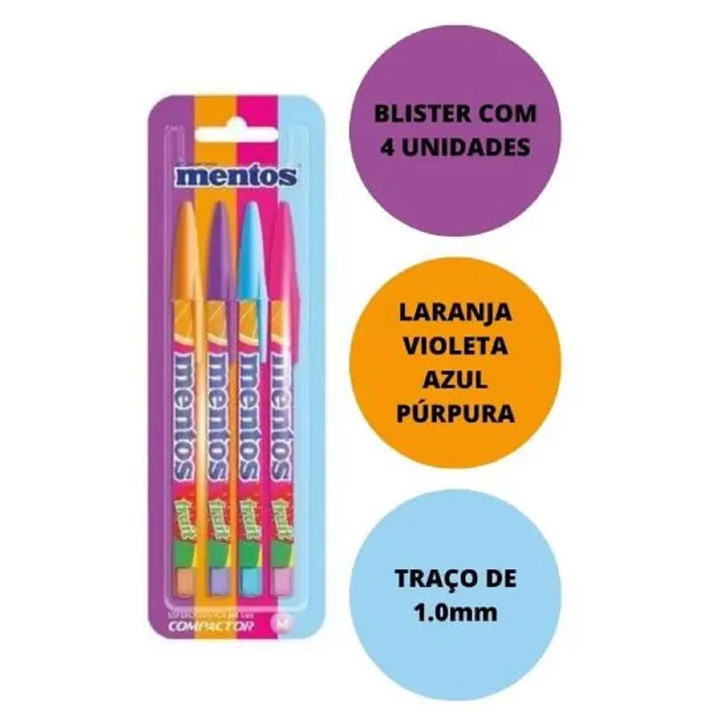 Kit C/4 Caneta Esferográfica Colorida Ponta 1.0MM Compactor Linha JET LUX Mentos com Cheirinho