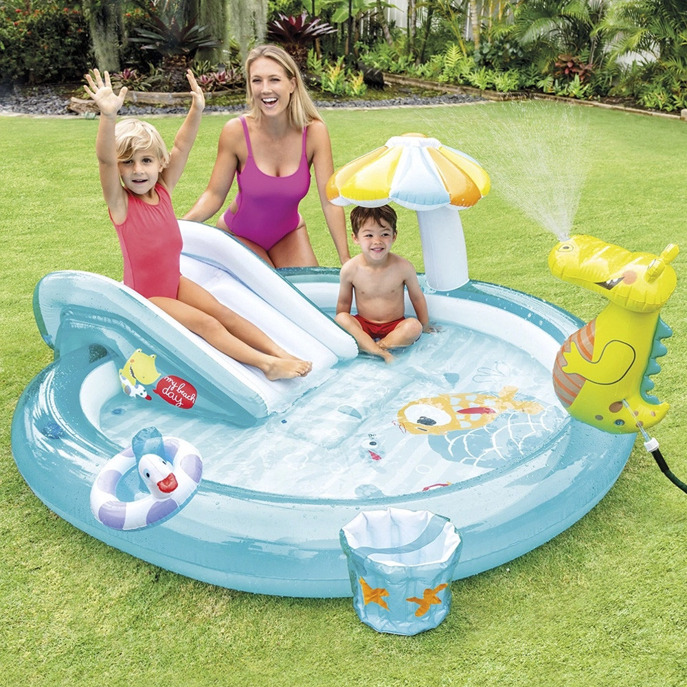 Piscina Infantil Inflável 160 Litros Jacaré Esguicha Água Intex Com Bomba de Ar Manual em Oferta na Shopee