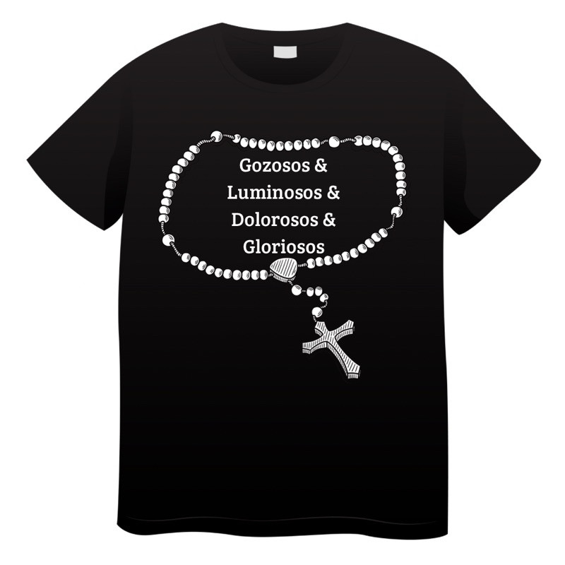 Camiseta Unissex Mistérios do Santo Terço Católico Rosário Cristianismo Infantil Plus Size