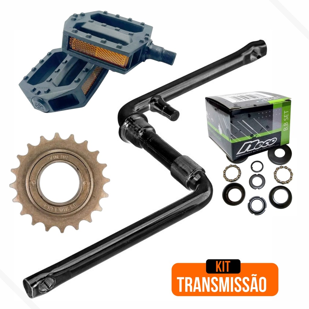 Transmissão Bike 26 - Central 45mm + Pedivela 165mm +  Catraca 20d + Pedal Nylon Plataforma