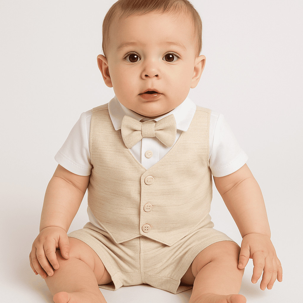 Conjunto Social Bebê Luxo Linho Bege – Body com Colete e Gravata + Shorts Elegante para Batizado e Festa