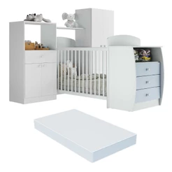 Quarto Infantil com Berço-Cômoda e Colchão Incluso Laura Multimóveis Branco/Azul