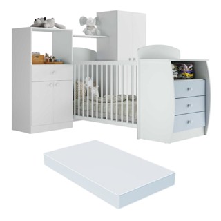 Quarto Infantil com Berço-Cômoda e Colchão Incluso Laura Multimóveis Branco/Azul em Oferta na Shopee
