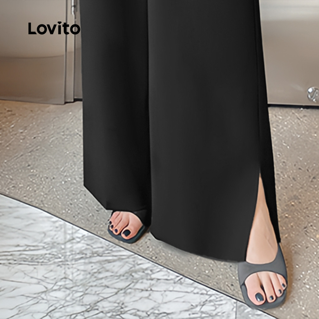 Detalhes do Lovito Calça Casual lisa dividida para mulheres L128ED378