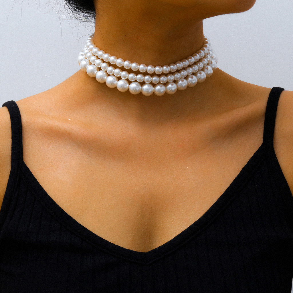 Colar curto de pérolas grandes multicamadas estilo boêmio feminino colar de pérolas vintage joias de casamento