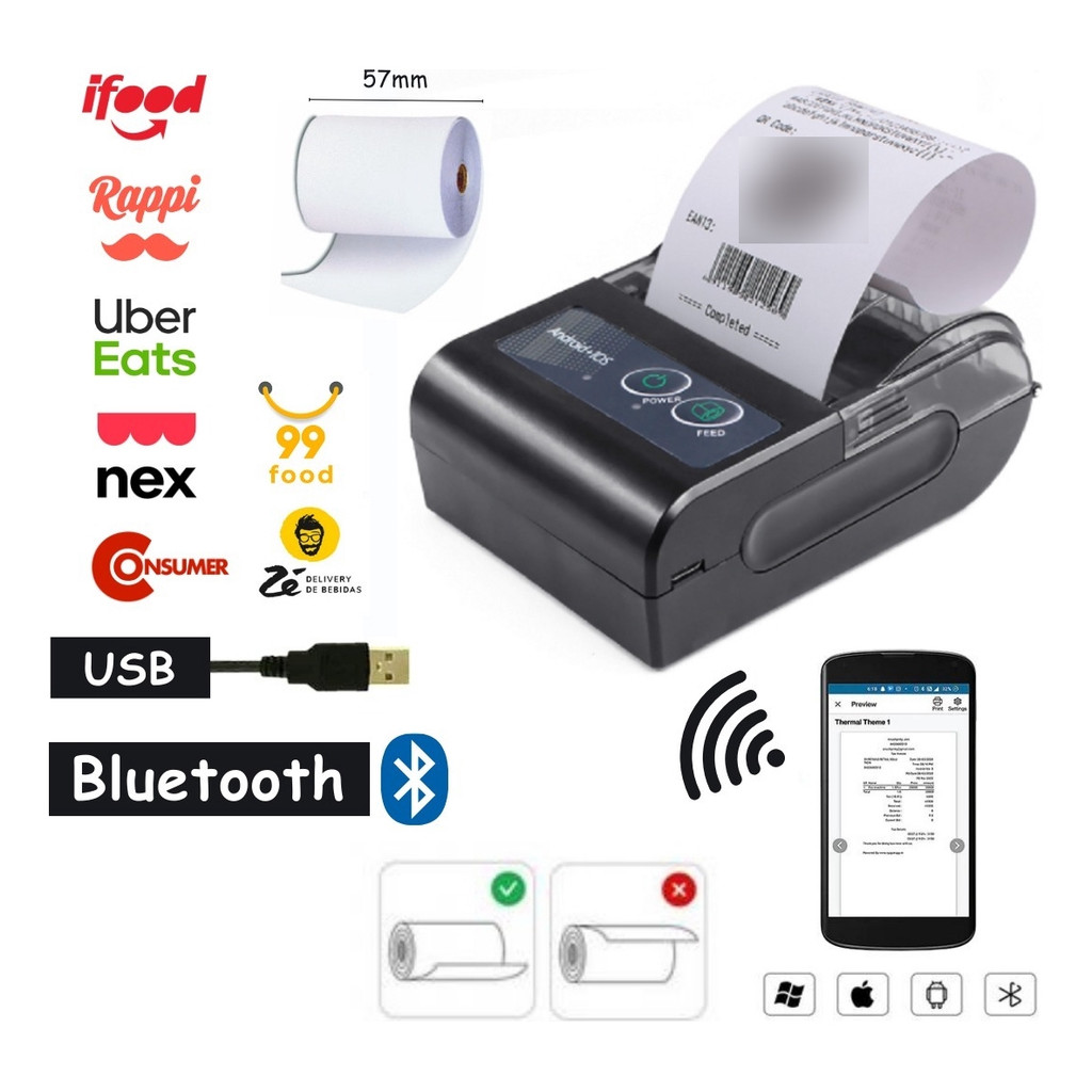 Mini Impressora Portatil Bluetooth 58mm + 1 Bobina Etiqueta