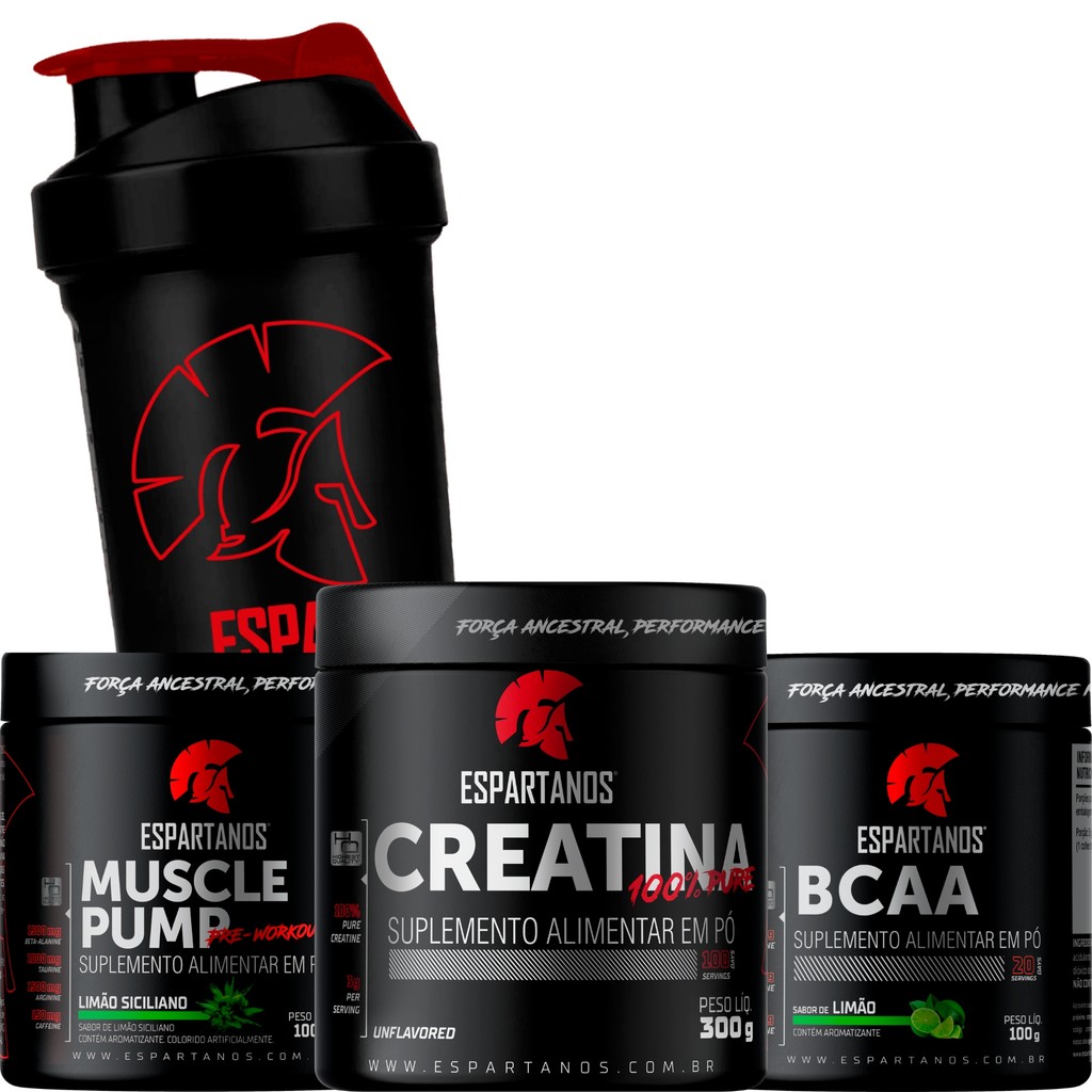 Creatina, Bcca limão, Pré-Treino Limão, Shaker - ESPARTANOS - Health