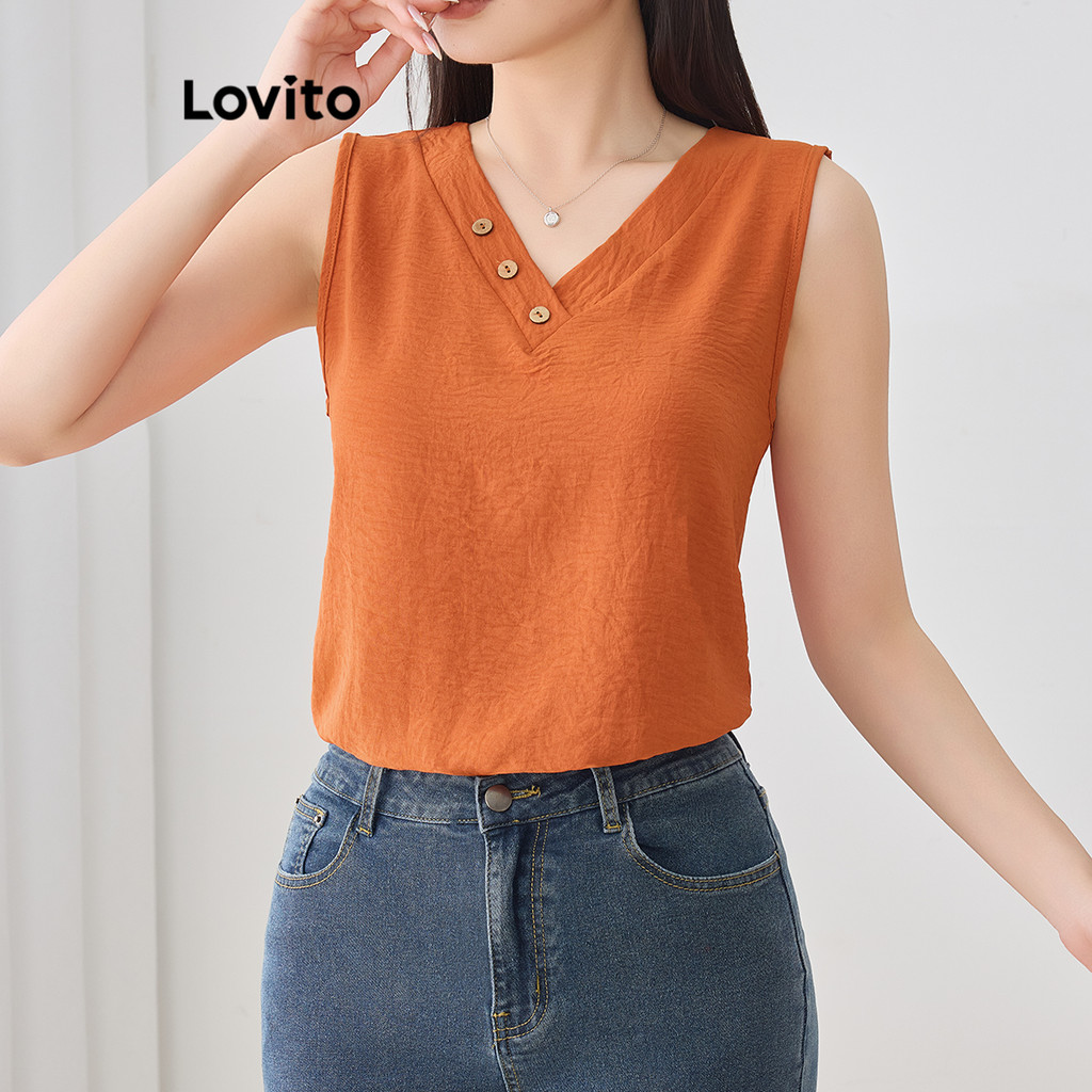 Detalhes do Lovito Blusa Casual Feminina Lisa com Botões para Verão e Praia L120LD1049