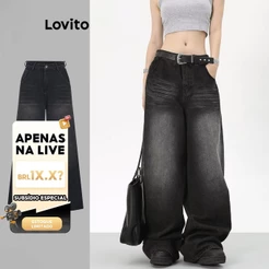 (Live Hosts' pick) Lovito Casual Jeans simples com lavagem crua para mulheres 102AD449