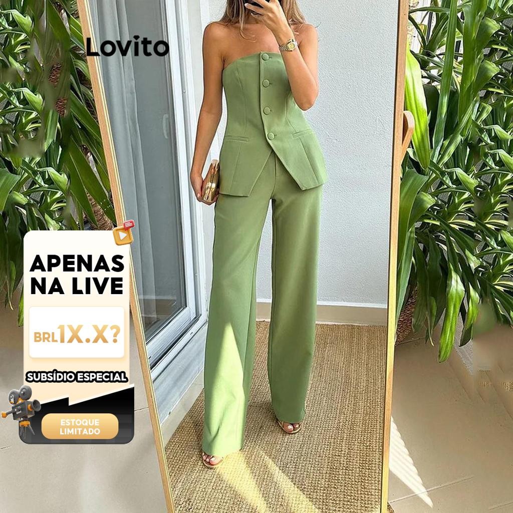 Live Hosts' pick Elegante Conjunto Feminino com Calça Lisa com Botão e Fenda Frontal LNL40078 - Women Clothes